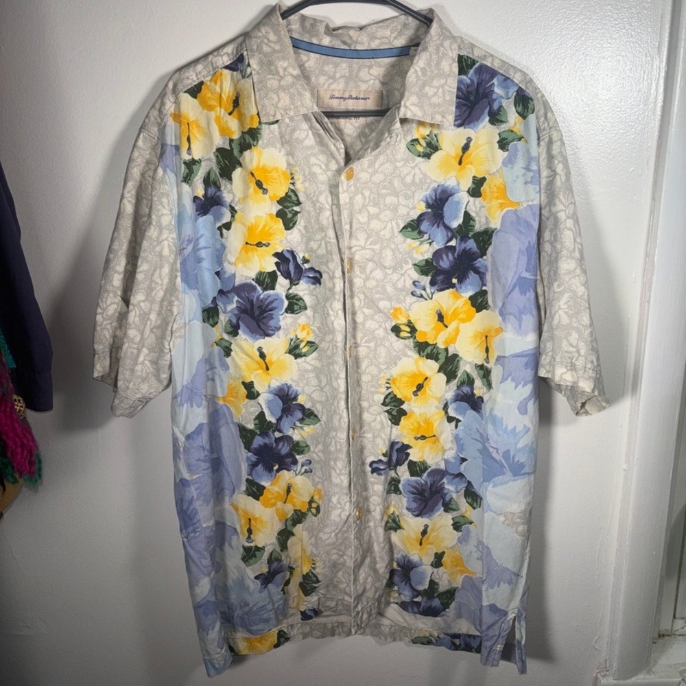 Tommy Bahama Silk Button Up Aloha Shirt Mens Sz L Grey Floral Resort Camp Beach